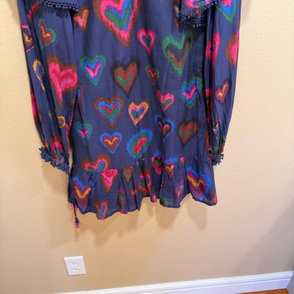 Farm Rio Blue Pink Beaded Tassled Hearts Long Sleeve Mini Dress XS - Picture 7 of 11